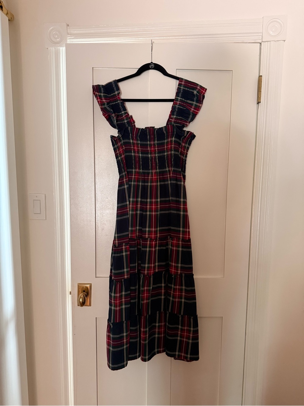 Hill House Plaid Tiered Midi Dress in Navy and Red